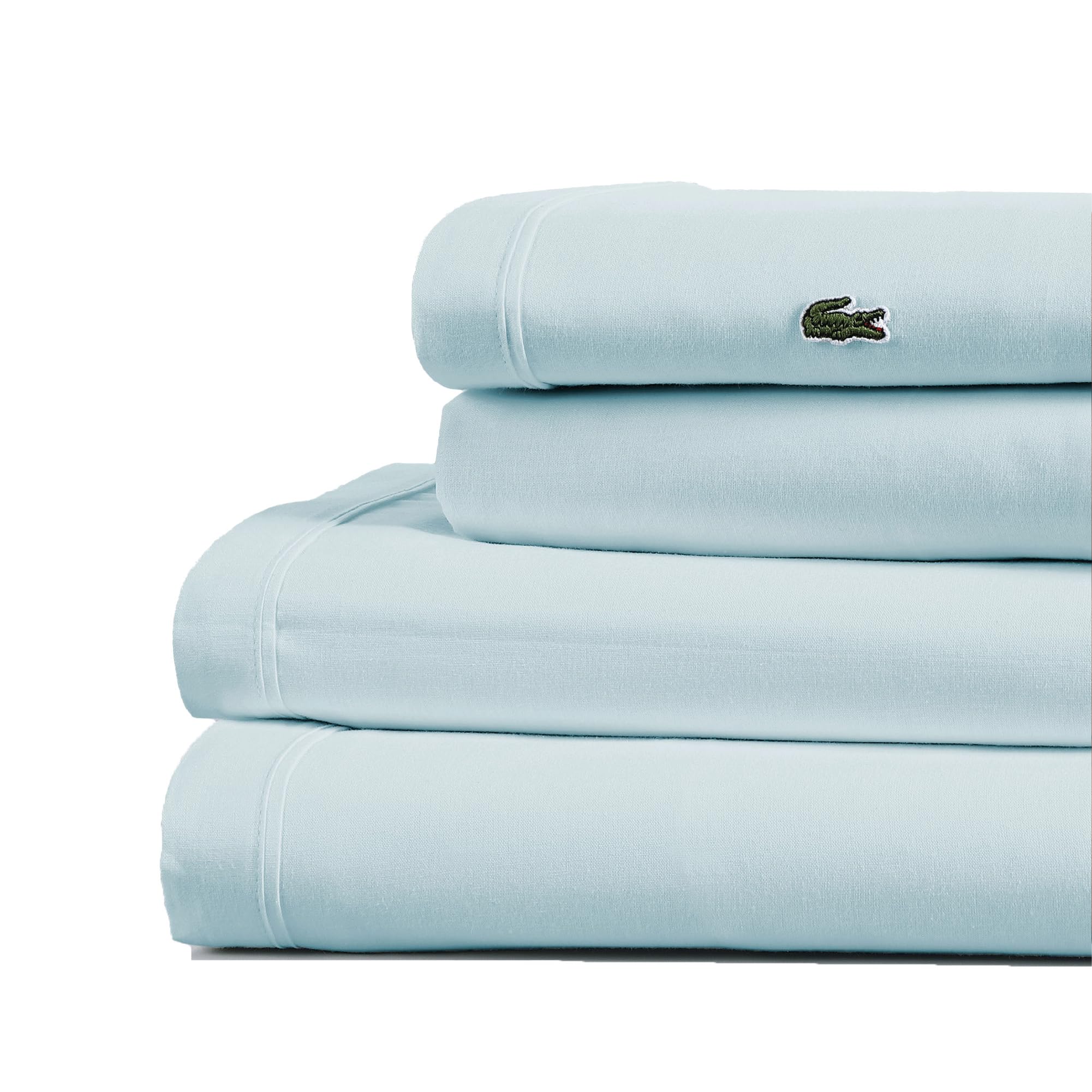 Photo 1 of Lacoste 100% Cotton Percale 4-Piece Sheet Set – Cool, Crisp, Matte, and Durable, Oeko-Tex Certified – Solid, Pale Aqua, Full