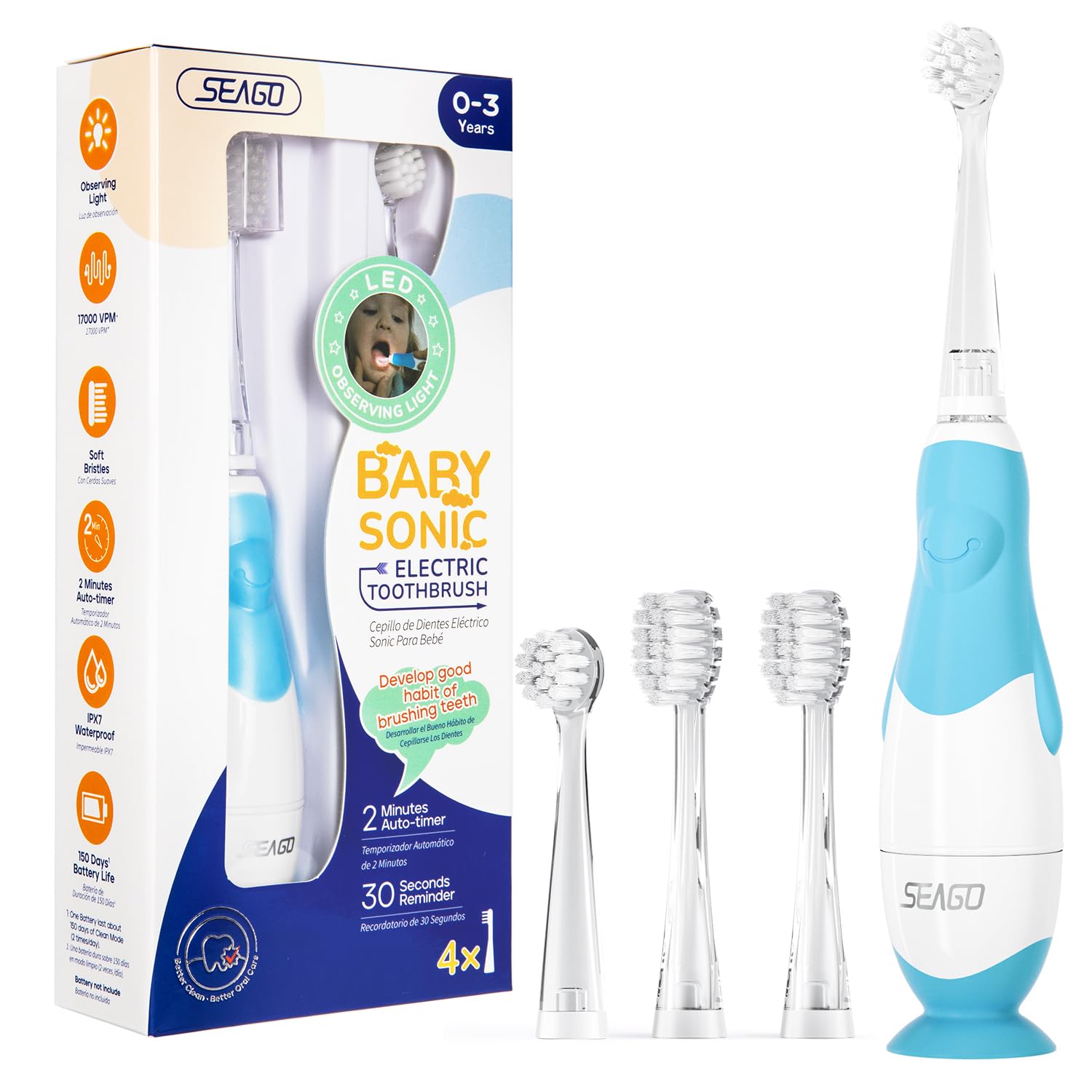 Seago Baby Electric Toothbrush,Children's Power Toothbrushes with 4 Brush Heads and Led Light, 2-Min Timer for Children Aged 6 Months to 4 Years, Penguin Shape Design SG513(Blue)