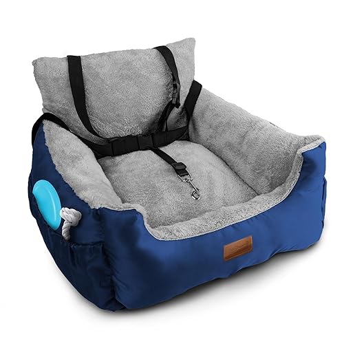 Furdreams Dog Car Seat (Navy/Grey), Plush & Cosy Pet Car Booster Seat for Small Dogs & Cats with Storage Pocket, Dog Bed with Safety Leash, Waterproof Liner & Non-Slip Base Travel Bed