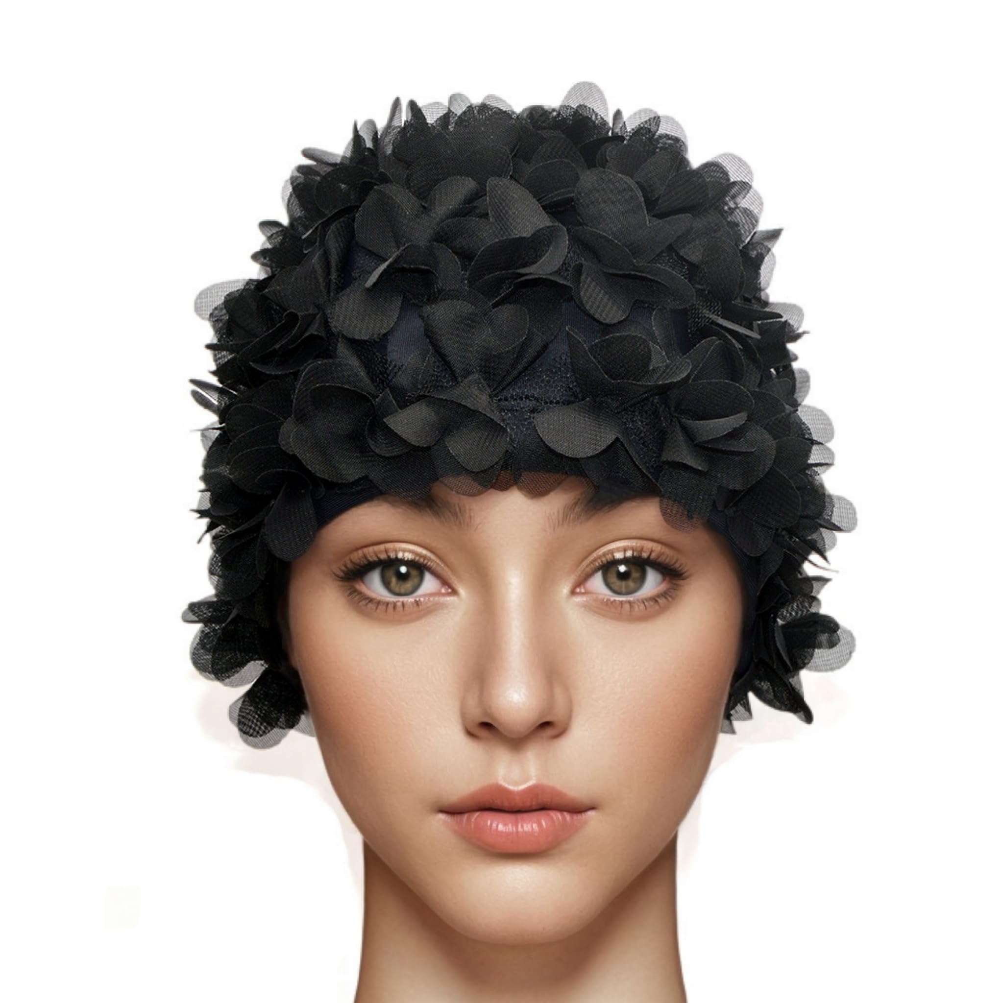 Medifier Lace Vintage Swim cap Floral Petal Retro Style Bathing Caps for Women Black