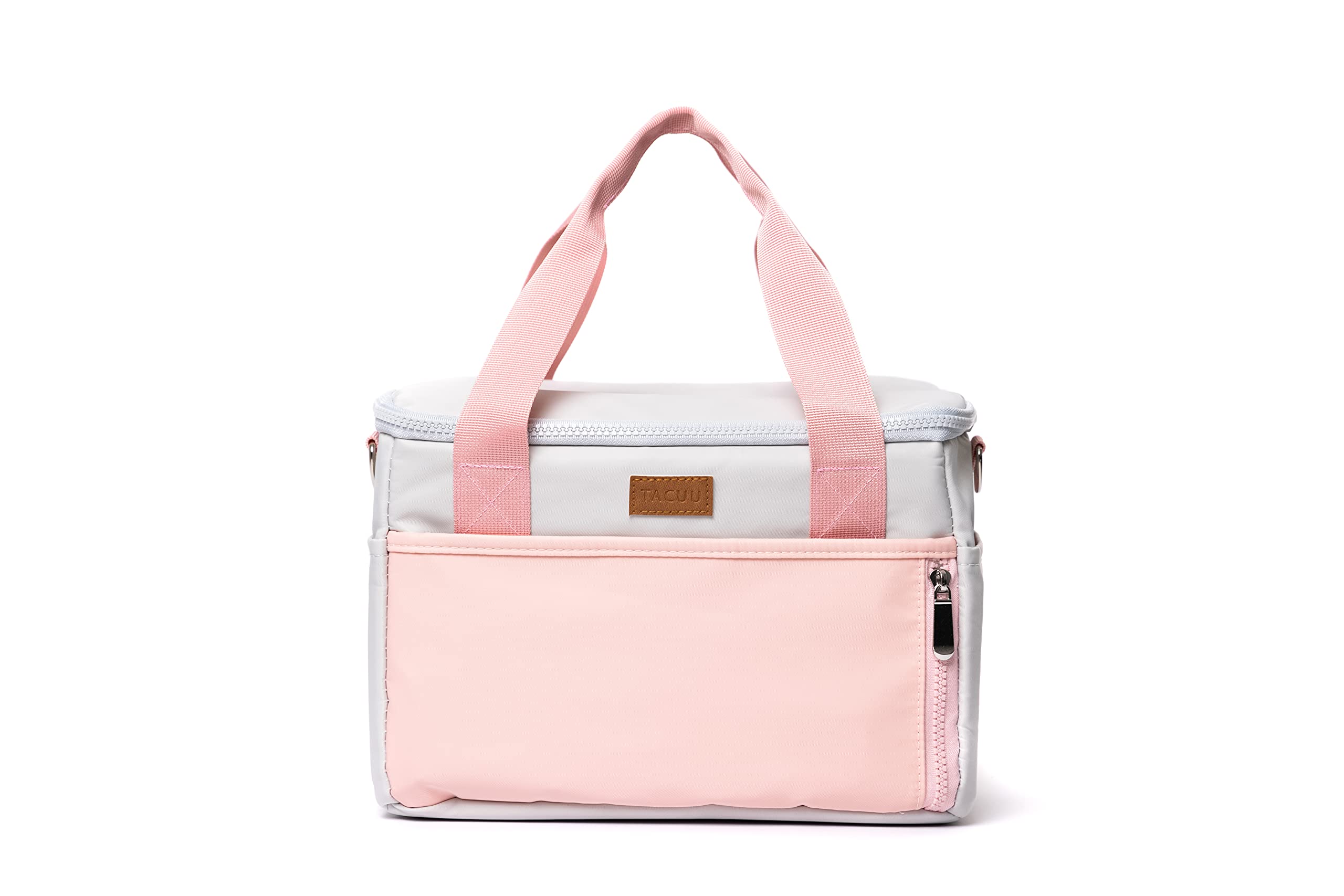 Tacuu Insulated Lunch Cool Bag 9.5L / 8 Cans Portable Cooling Bag for Women - Pink & Grey Small Compact Baby Cooler (28cm x 20cm x 17.5cm)