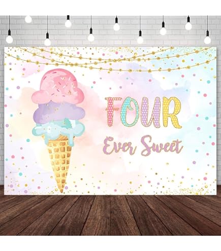 7x5ft Ice Cream Themed 4th Birthday Backdrop - Watercolor Princess Photography Background