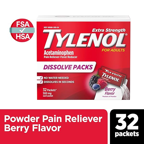 TYLENOL EXTRA STRENGTH DISSOLVE POWDER PACKS, 500 MG ACETAMINOPHEN PAIN RELIEVER & FEVER REDUCER MEDICINE, FAST RELIEF FOR MINOR ACHES & PAINS, IBUPROFEN- & ASPIRIN-FREE, ON-THE-GO BERRY FLAVOR, 32 CT