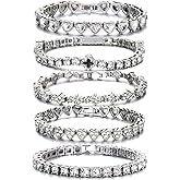 5PCS Diamond Tennis Chain Bracelet Set for Women ,Gold/Silver Plated Bangle Cuff Heart Shape Floral Clover Cross Charms Single Row Diamond Layered Link Bracelet Set Fashion Jewelry for Women Set