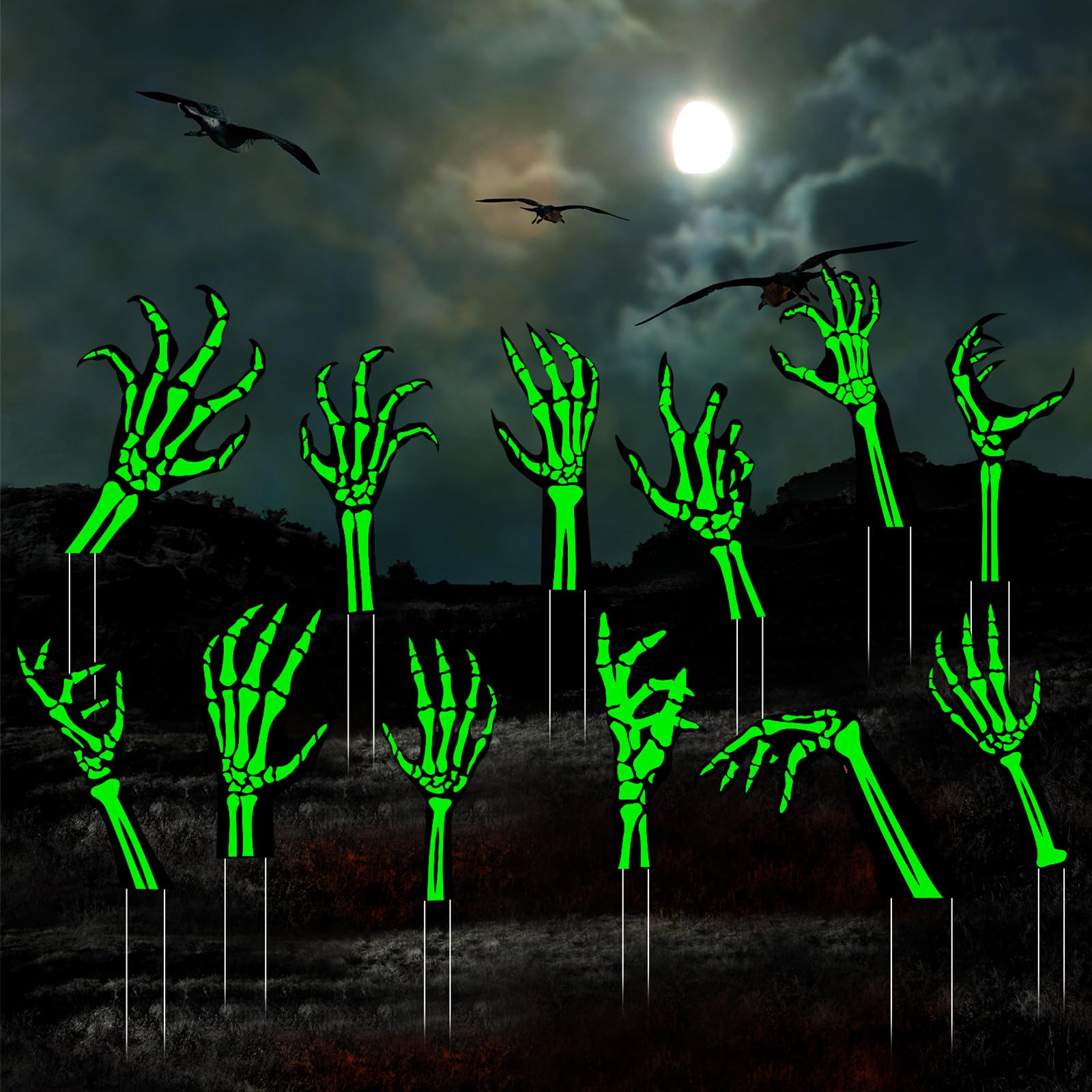 Photo 1 of 12 Pack Halloween Yard Signs with Stakes Glow in The Dark Plastic Skeleton Hands Spooky Decor for Outdoor Yard Lawn Garden Halloween Party Decorations, 12 Styles