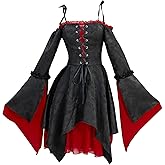MEOWCOS Medieval Dress Gothic Satin Dress with Subtle Patterns Black Vampire Off Shoulder Strap Dress