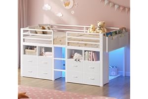 ADORNEVE Low Loft Bed Twin Size with 8 Storage Drawers, Twin Loft Bed with Bookcase and LED Lights, Metal Kids Loft Bed with 14" H Safety Guardrail, Under-Bed Play Space, No Box Spring Needed, White