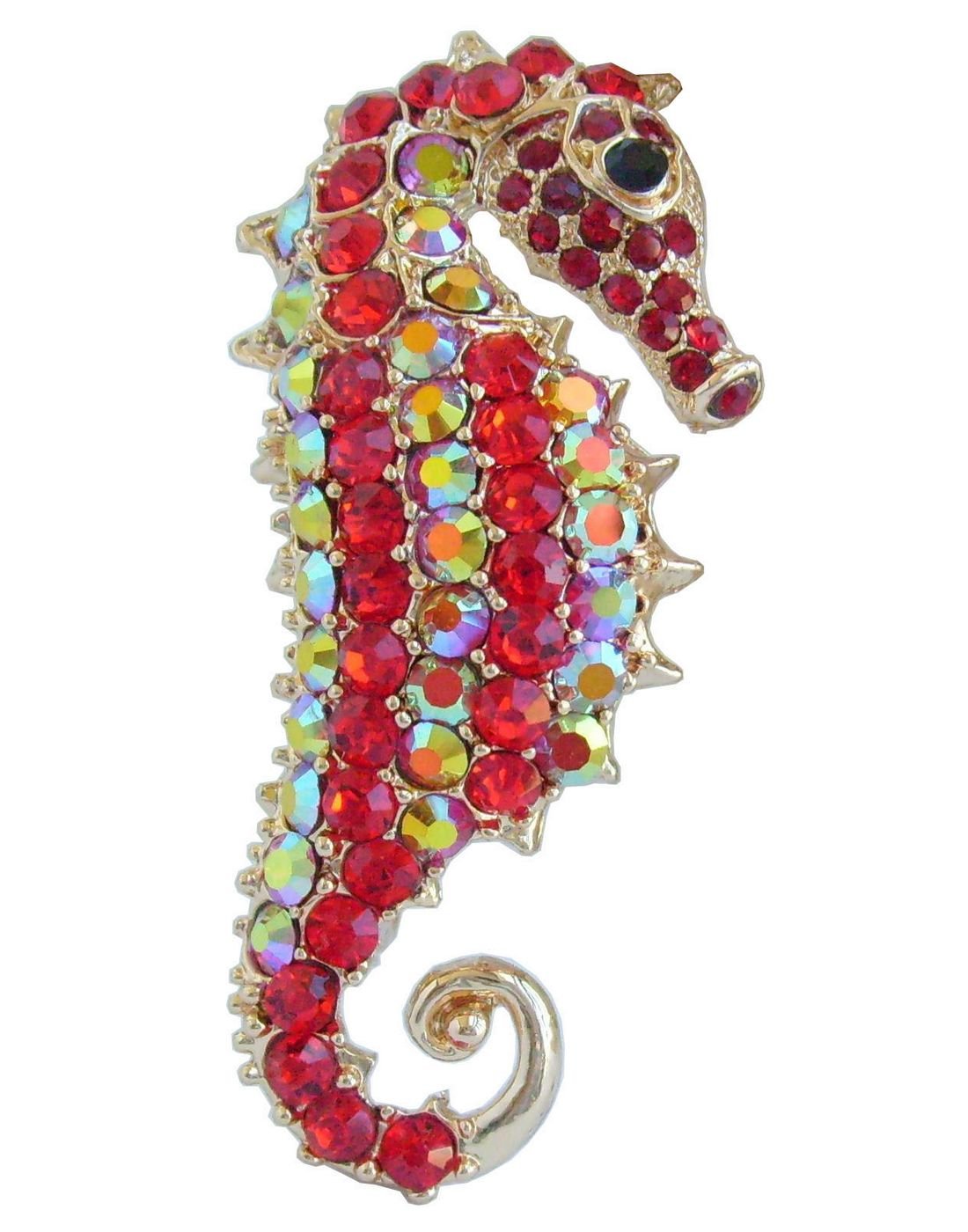 2.16" Lovely Animal Seahorse Brooch Pin Pendant Austrian Crystal UKB2254 (Gold-Tone Red)