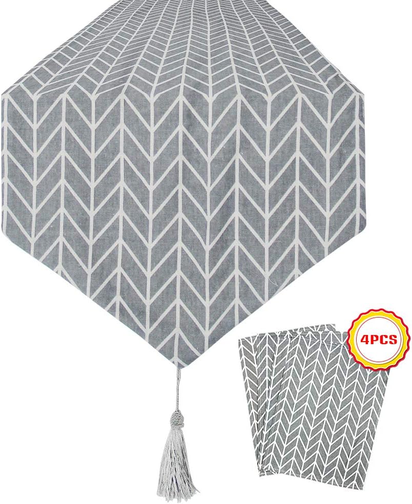 QSUM Table Runner Grey + 4pcs Placemats, Geometry Thickly Cotton Linen