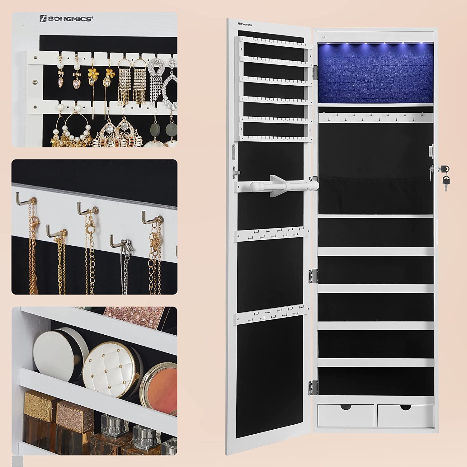 SONGMICS Schmuckschrank hängend, Wandspiegel, 6 LED-Glühbirnen, abschließbarer Spiegelschrank, Wandschrank, Wandmontage, an der Tür hängend, weihnachten, weiß mit Holzmaserung JBC93W 9