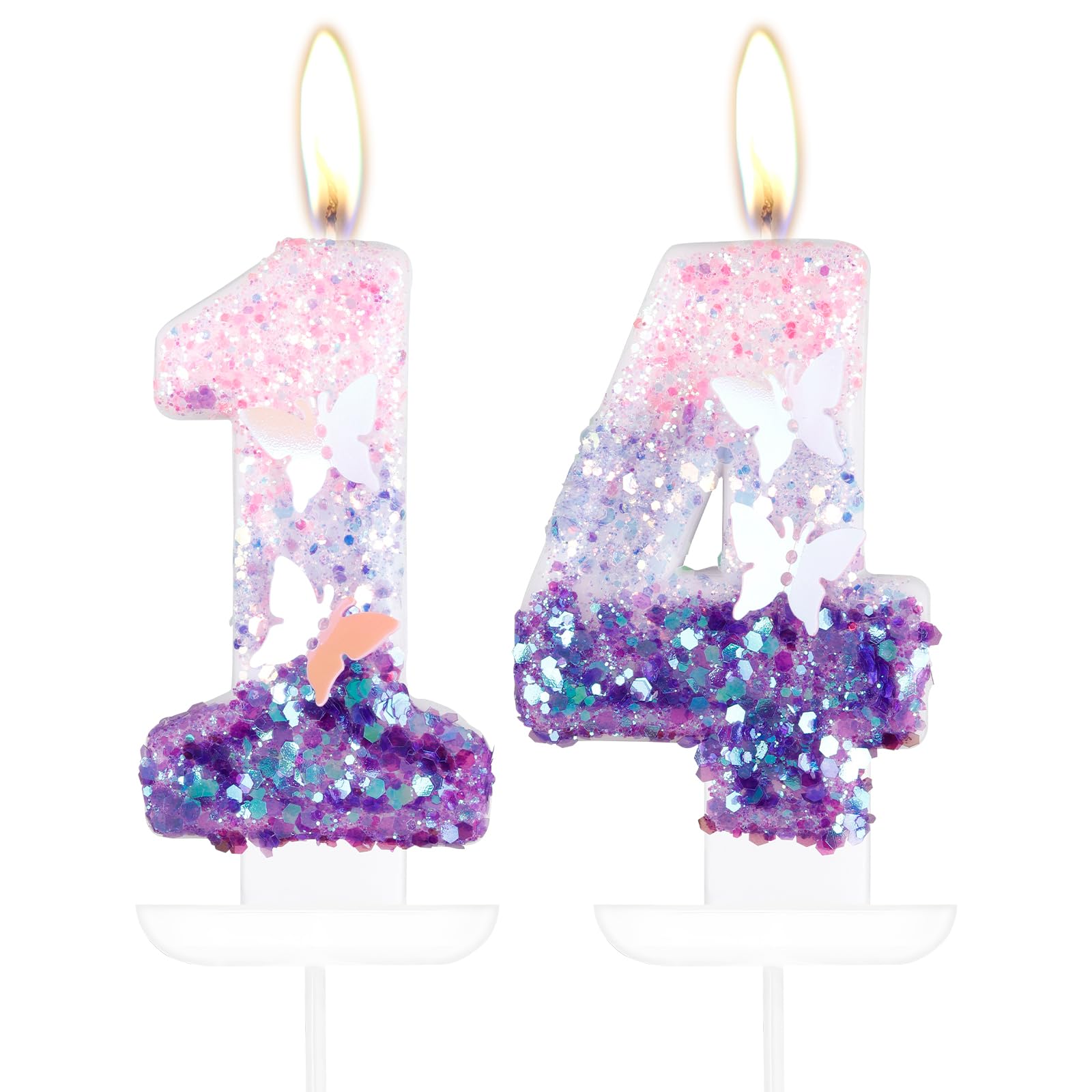 mciskin Butterfly Number 14 Candles for Cake, Purple Pink Butterfly 14th Birthday Cake Topper for Her,Girls 14th Birthday Decorations, Purple Pink 14 Candles for Party,Wedding,Baby Showers Supplies — image 1