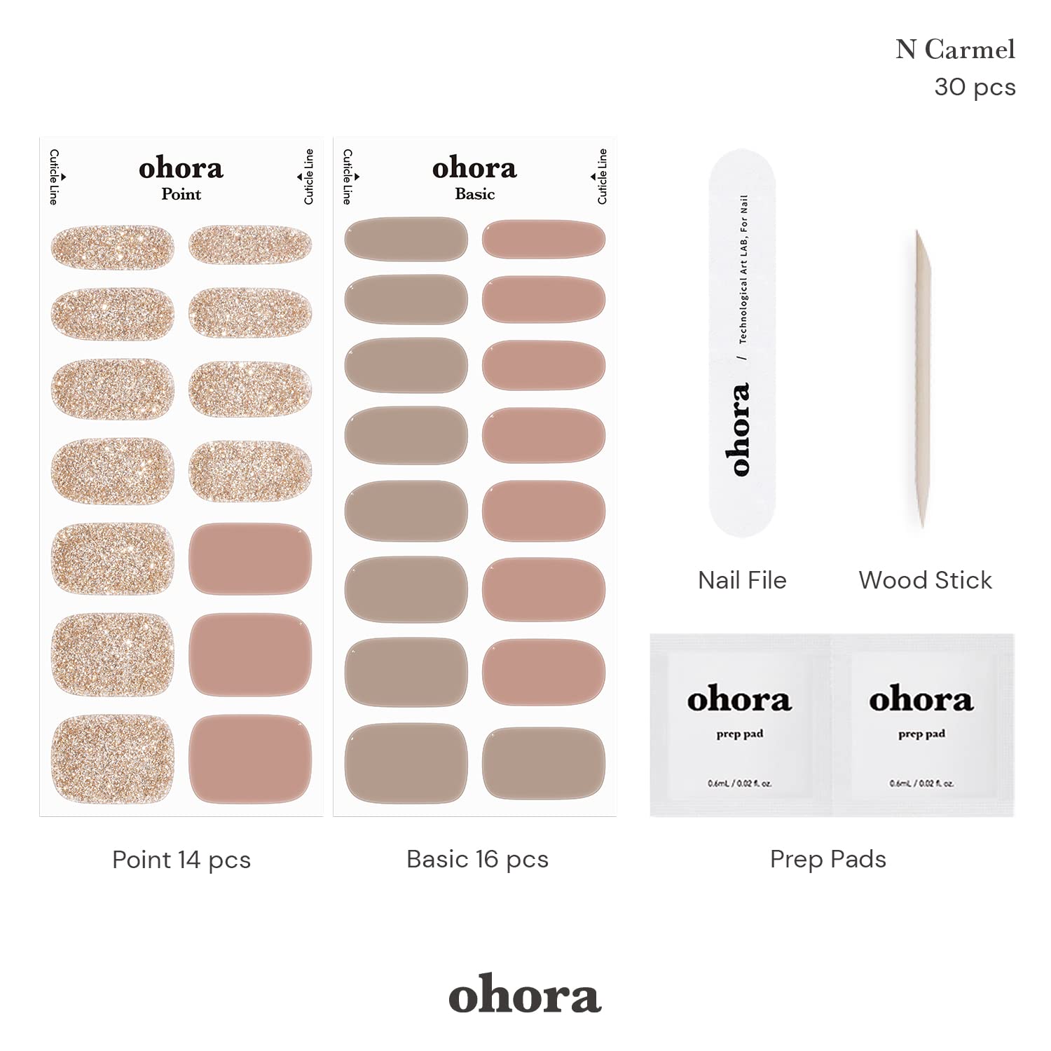 ohora Semi Cured Gel Nail Strips (N Carmel) - Nude, Glitter, Works with Any UV/LED Lamps, Salon-Quality, Long Lasting, Easy to Apply & Remove - Includes 2 Prep Pads, Nail File & Wooden Stick - Image 5