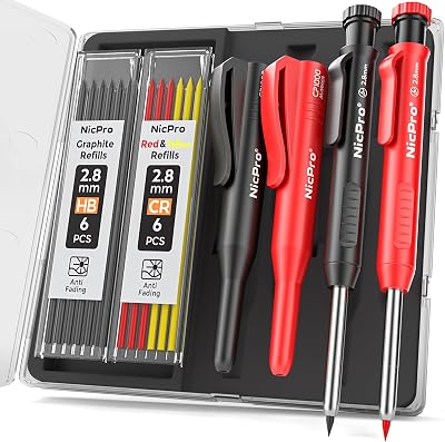 Nicpro 2 Pack Carpenter Pencil with Sharpener 26 Refills Deep Hole Markers