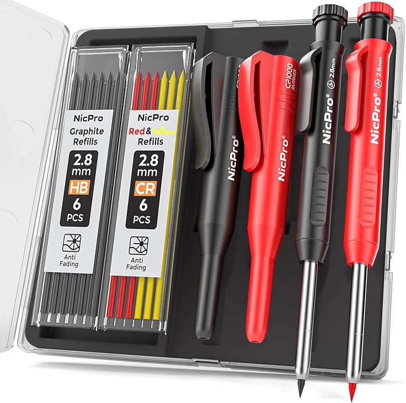 Nicpro 2 Pack Carpenter Pencil with Sharpener 26 Refills Deep Hole Markers