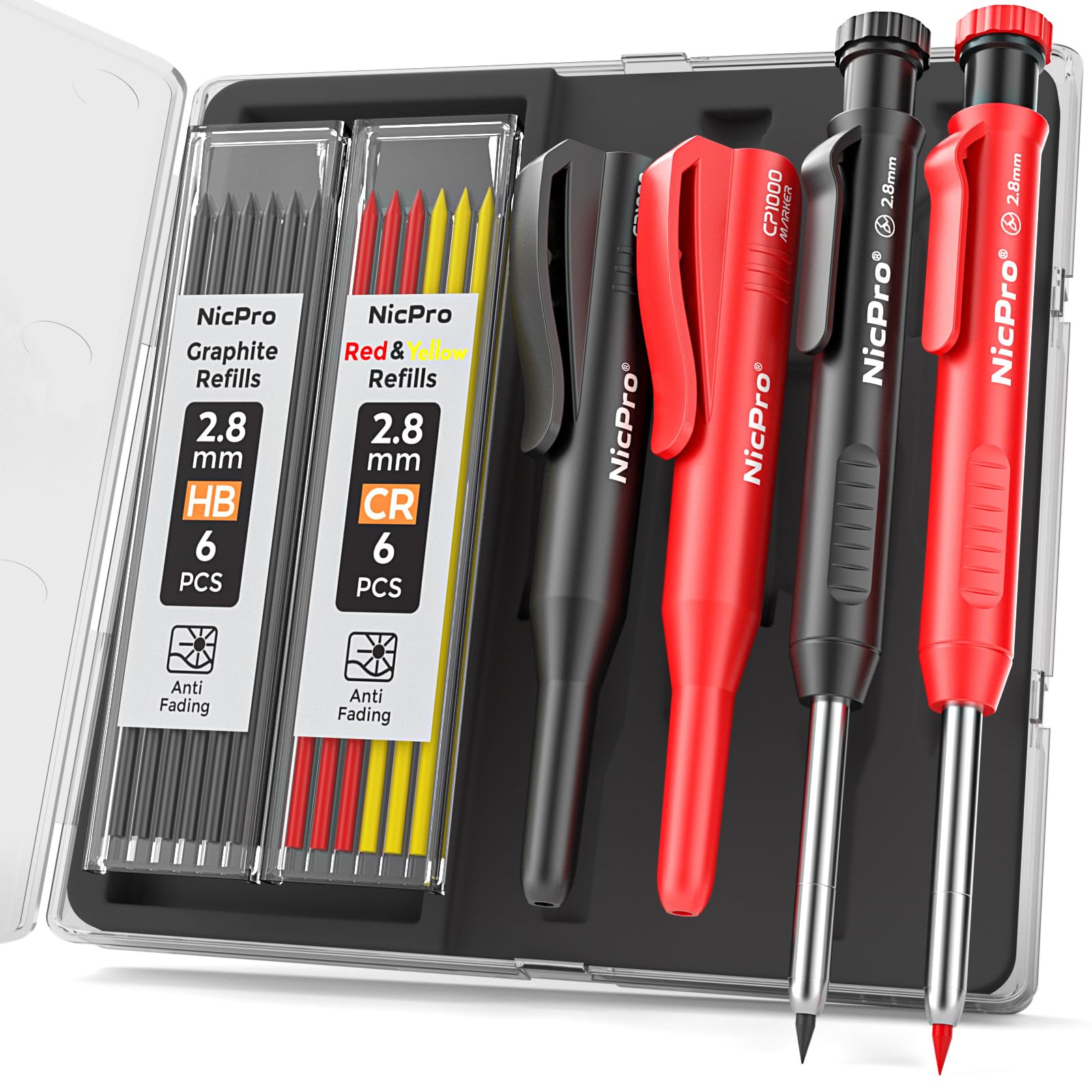 Nicpro 2 Pack Carpenter Pencil with Sharpener, Mechanical Carpenter Pencils with 26 Refills (Red, Black, Yellow), Deep Hole Marker Construction Heavy Duty Woodworking Pencils for Architect