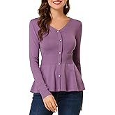 Allegra K Women's Peplum Sweater Ribbed V Neck Long Sleeve Knit Peplum Tops