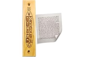 LOGOS TRADING POST Olive Wood Mezuzah with Scroll, Ten Commandments, Menorah, & Star of David, Made in Israel, Religious Home Décor for Door & Wall, Includes Parchment Prayer Scroll, Jewish & Messianic House Wall Art