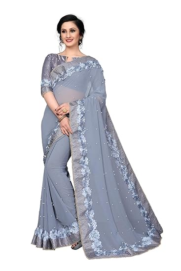 Women's Georgette Saree with Blouse Piece (FD-SR-10105, Grey)
