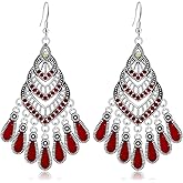 Ricarmo Bohemian Vintage Sliver Hollow Chandelier Enamel Fringe Lightweight Dangle Drop Earrings Dainty Teardrop Crystal Hook Earrings For Women Jewelry Gifts