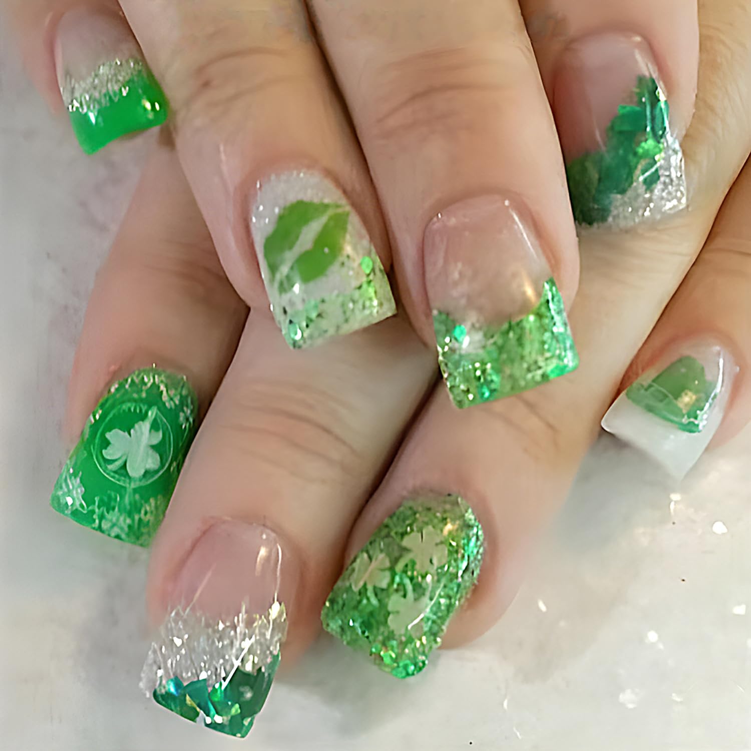 St. Patrick's Day Glitter Press on Nails Short Square Fake Nails Shamrock French Tip False Nails with Lucky Clover Designs, Full Cover Acrylic on Nails Glue on Nails for Holiday DIY Manicure 24Pcs