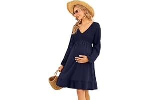 Coolmee Women's Maternity Short Sleeve Ruffle Dress V Neck Summer Casual Smocked Flowy Midi Dress for Baby Shower Photoshoot