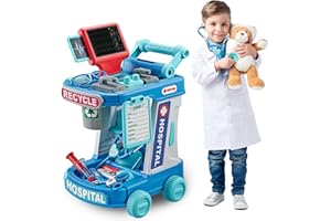 Zefinot Doctor Kit for Kids 3-5 , Toddler Doctor Play Set with Cart, Costume and Stethoscope,Role Play Kids Doctors Play Set (TC-Blue)