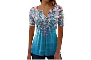 ATTINE Dress Shirts for Women, Womens Fold Floral Printed Button Tunic Blouses Short Sleeve Vest V-Neck Birthday Gifts Cami