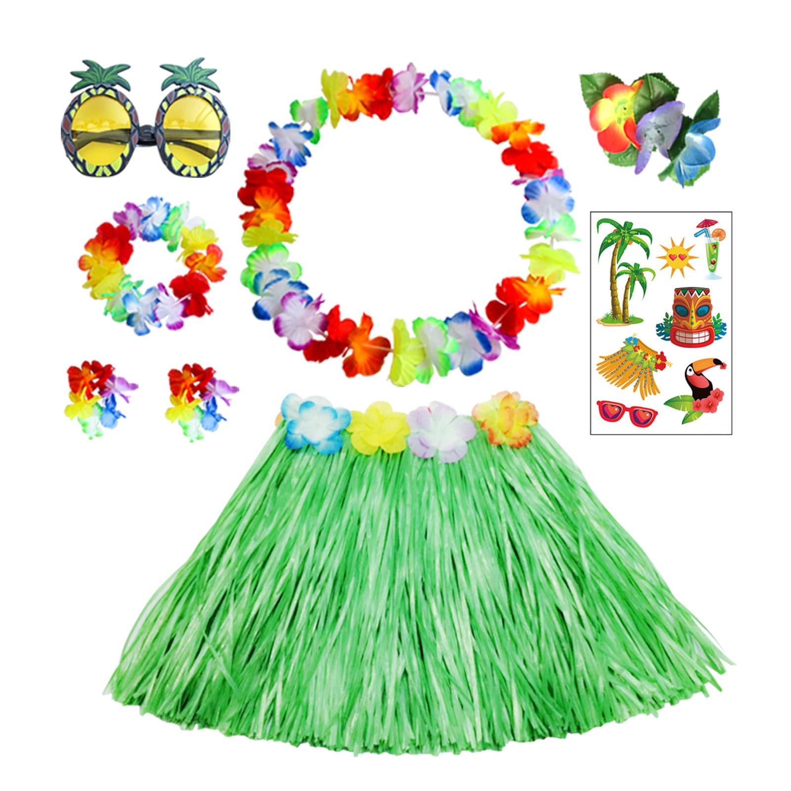HBell 8pcs Hawaiian Hula Skirt Costume Set,40cm Hawaiian Grass Skirt,Hawaii Leis,Pineapple Glasses for Kids Fancy Dress Supplies Summer Beach Tropical Party Decorations (Green)