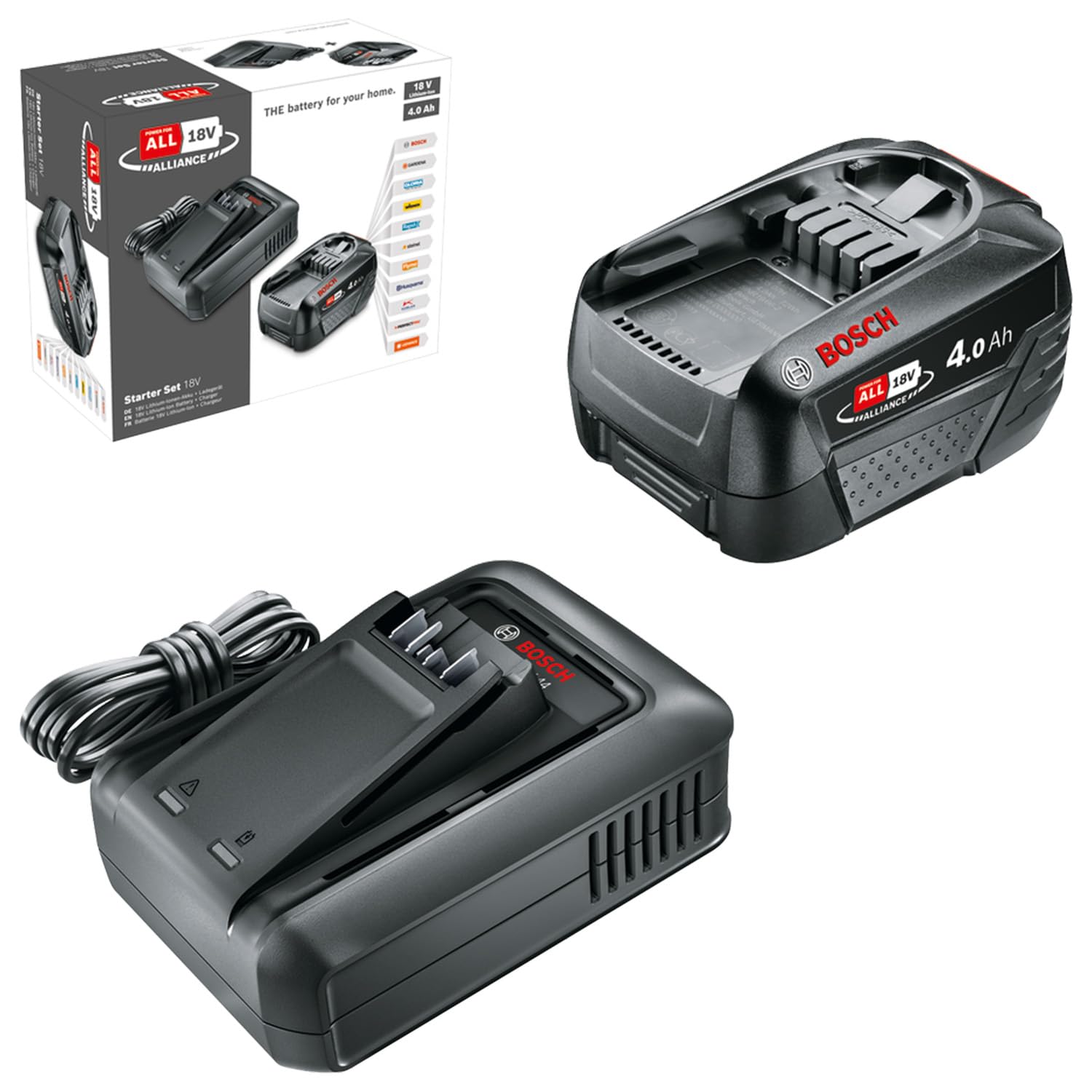 Bosch Batterie Et Chargeur Rapide Starter Set 18V (1 Batterie Lithium-Ion 4,0 Ah ; 1 Chargeur Rapide ; Alliance Power For All 18V)