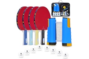 MOOTHLION Ping Pong Paddle Set, Portable Table Tennis Paddles, with Retractable Net, 4 Table Tennis Rackets, 8 Balls, Indoor and Outdoor Play Accessories Kit, Compact Storage Case