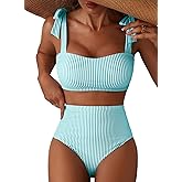 Herseas Women's Tie Shoulder Bikini Sets 2 Piece Striped Swimsuits High Waisted Bathing Suits