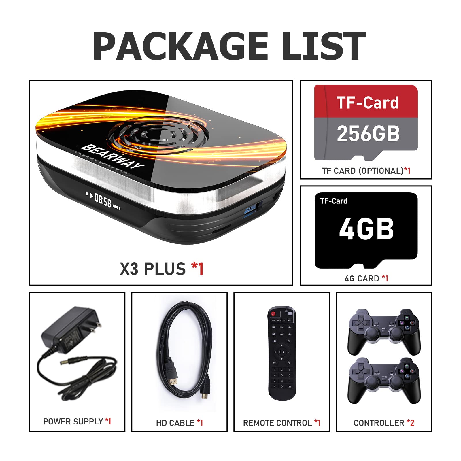 Bearway Retro Game Consoles Super Console X3 Plus Video Game Console 60,000+ Games Plug Play TV Games EmuELEC 4.6/Android 9.0/CoreE 3 Systems,8K UHD Output, 2 Controllers(256G)