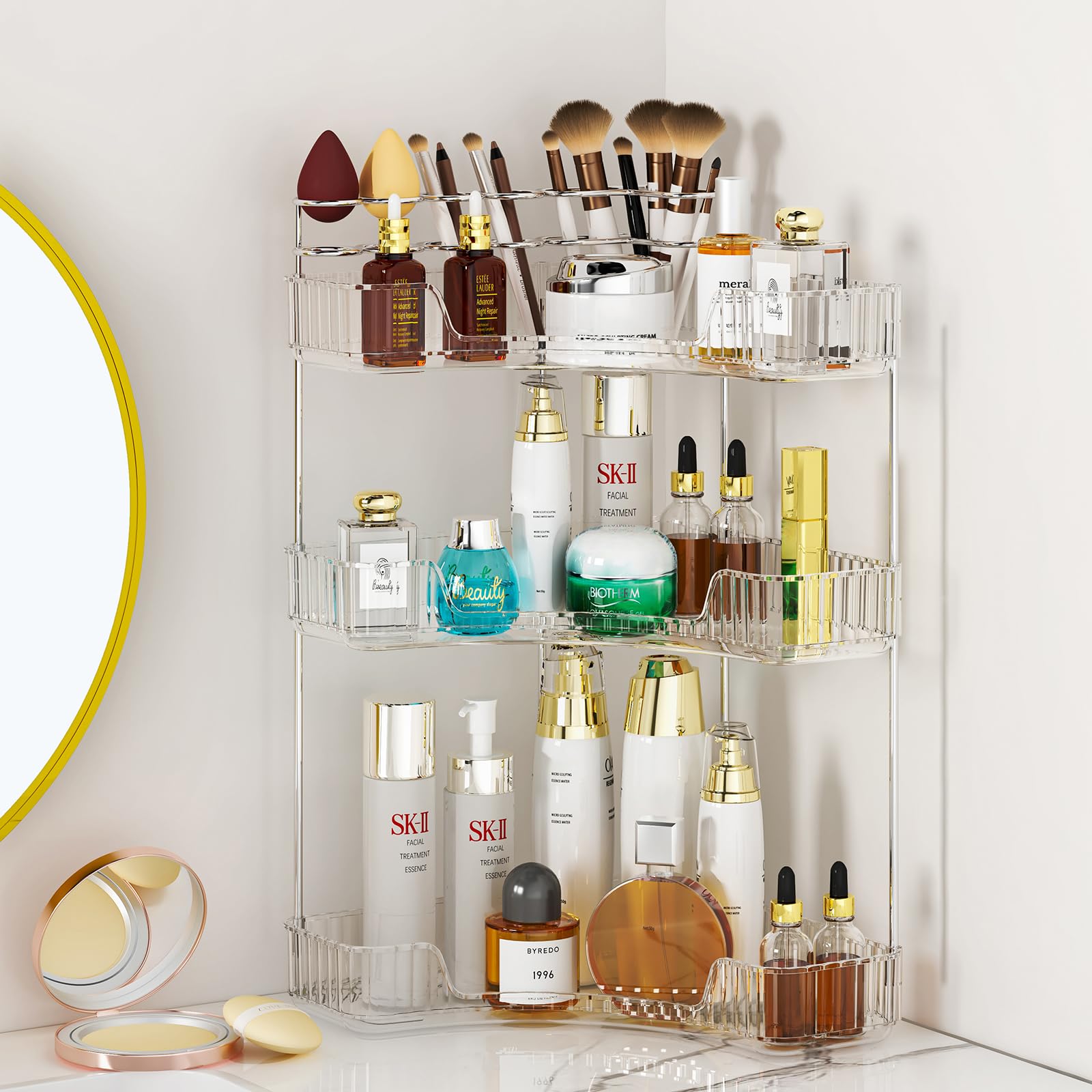 Photo 1 of SUNZOS 3-Tier Corner Bathroom Counter Organizer, Bathroom Organizer Countertop with Makeup Brush Holder, Vanity Makeup Cosmetic Storage, Corner Storage for Kitchen, Dresser