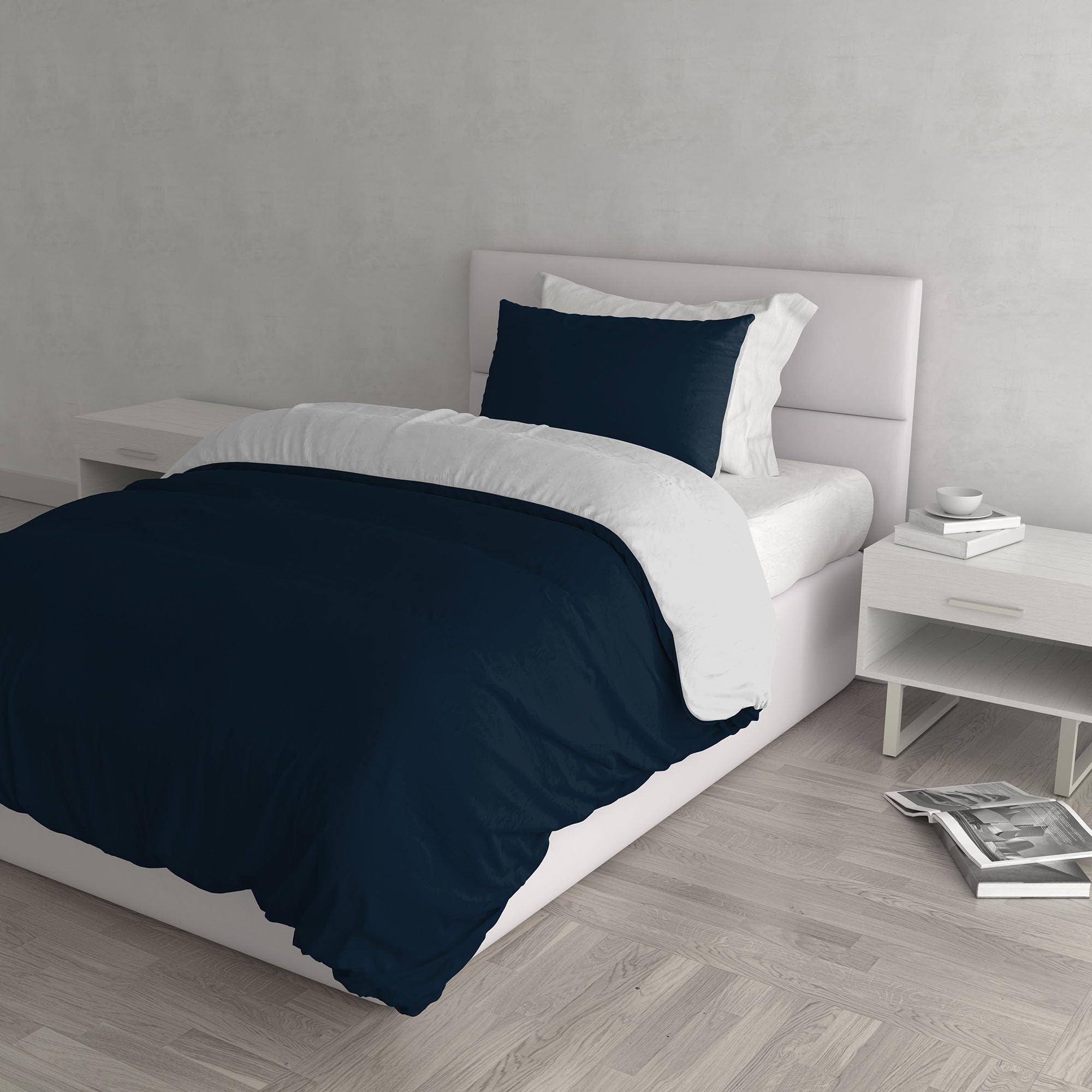 Italian Bed Linen Natural Color Duvet Cover Set with Doubleface Solid Colour Bag Sheet and Pillowcase, 100% Cotton, Dark Blue/Light Gray, single
