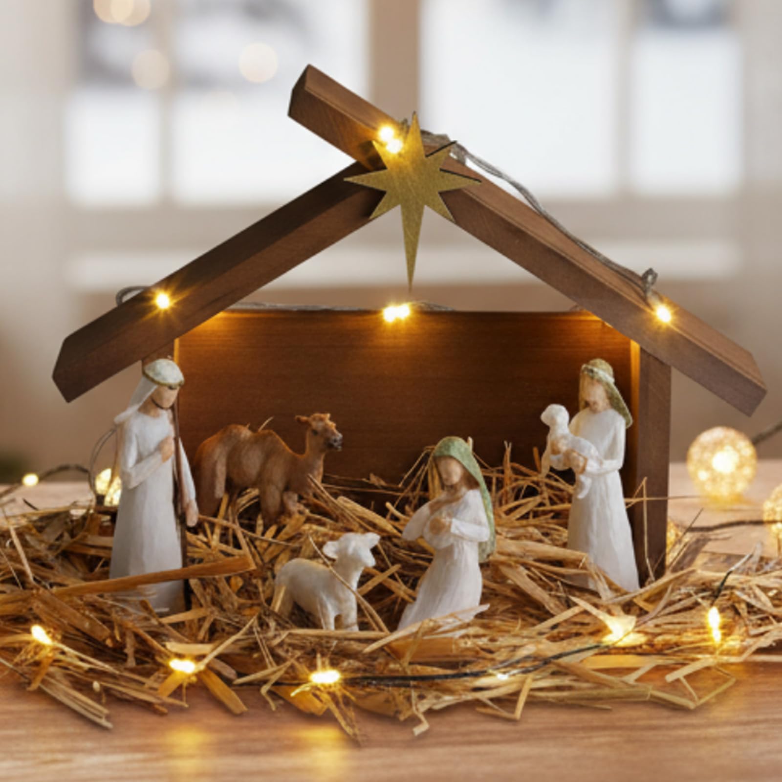 Photo 1 of **Stable only**Pinkunn 2 Sets Christmas Nativity Manger 10.6 Inch Nativity Stable with LED Light Roof Star Wooden Manger Scene Creche for Christmas Christian Religious Gifts Xmas Stable Home Desk Decor