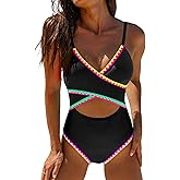 popvil One Piece Swim Suit for Women 2026 Neon Bathing Suit Cut Out Wrap Color Block Swimsuits Shell Stitched Swimwear