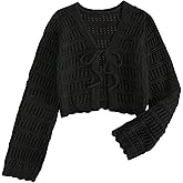SHENHE Women's Tie Front Hollow Out Cover Up Summer Boho Knit Cardigan Crop Tops