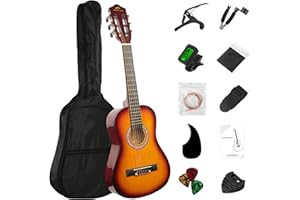 BESYOU 30in Beginner Acoustic Guitar Basic Starter Kit Tuner Bag Capo Strings Winders Strap Picks Student/Kids Guitar Pickguard with Gig Bag Sunset