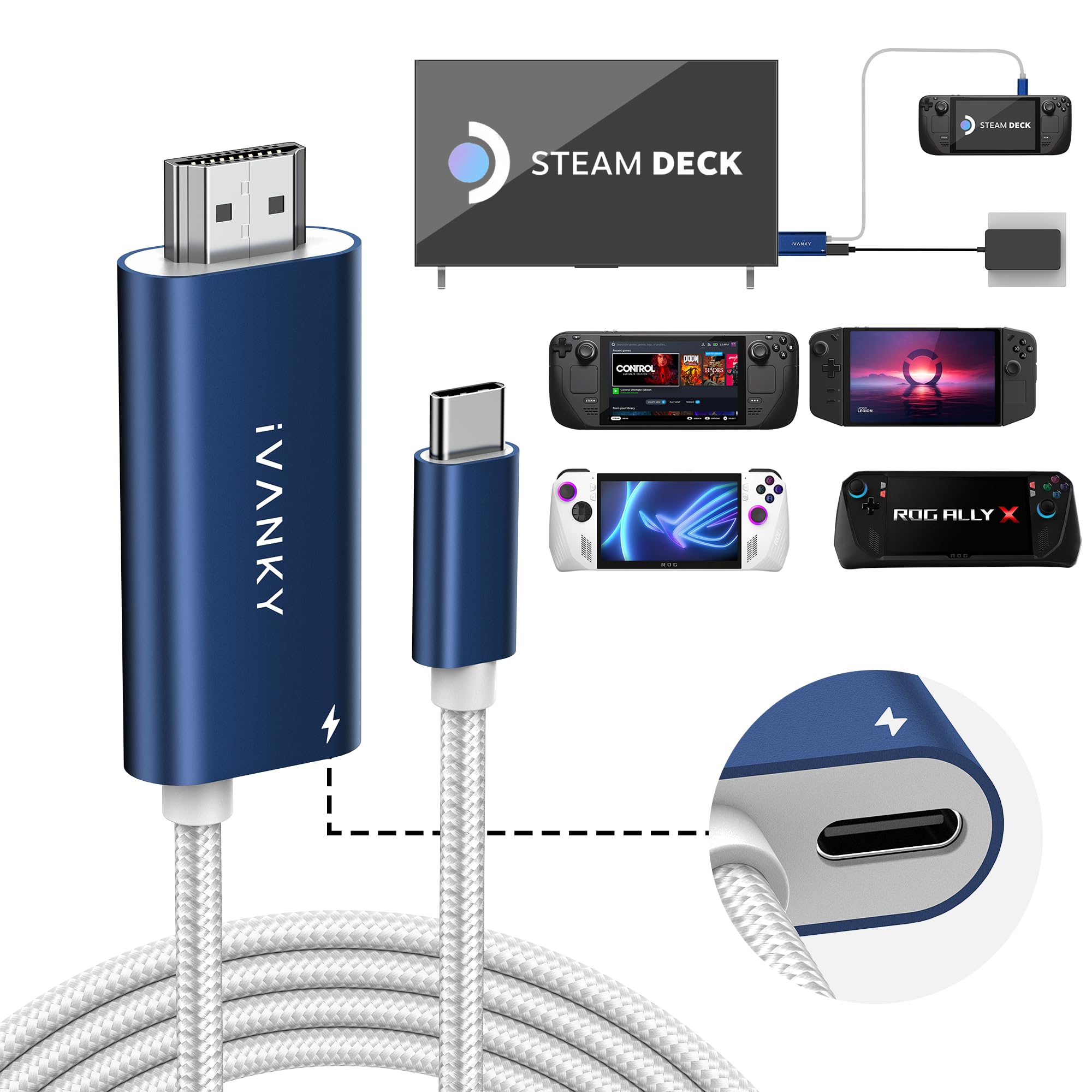 Photo 1 of IVANKY 2-in-1 USB C to HDMI 100W 6.6ft Charging Cable Dock for Steam Deck OLED/ASUS ROG Ally X/MSI Claw, 4K@60Hz Nylon Braided Cable Portable Adapter Connector for TV Screen Extend, Interstellar Blue