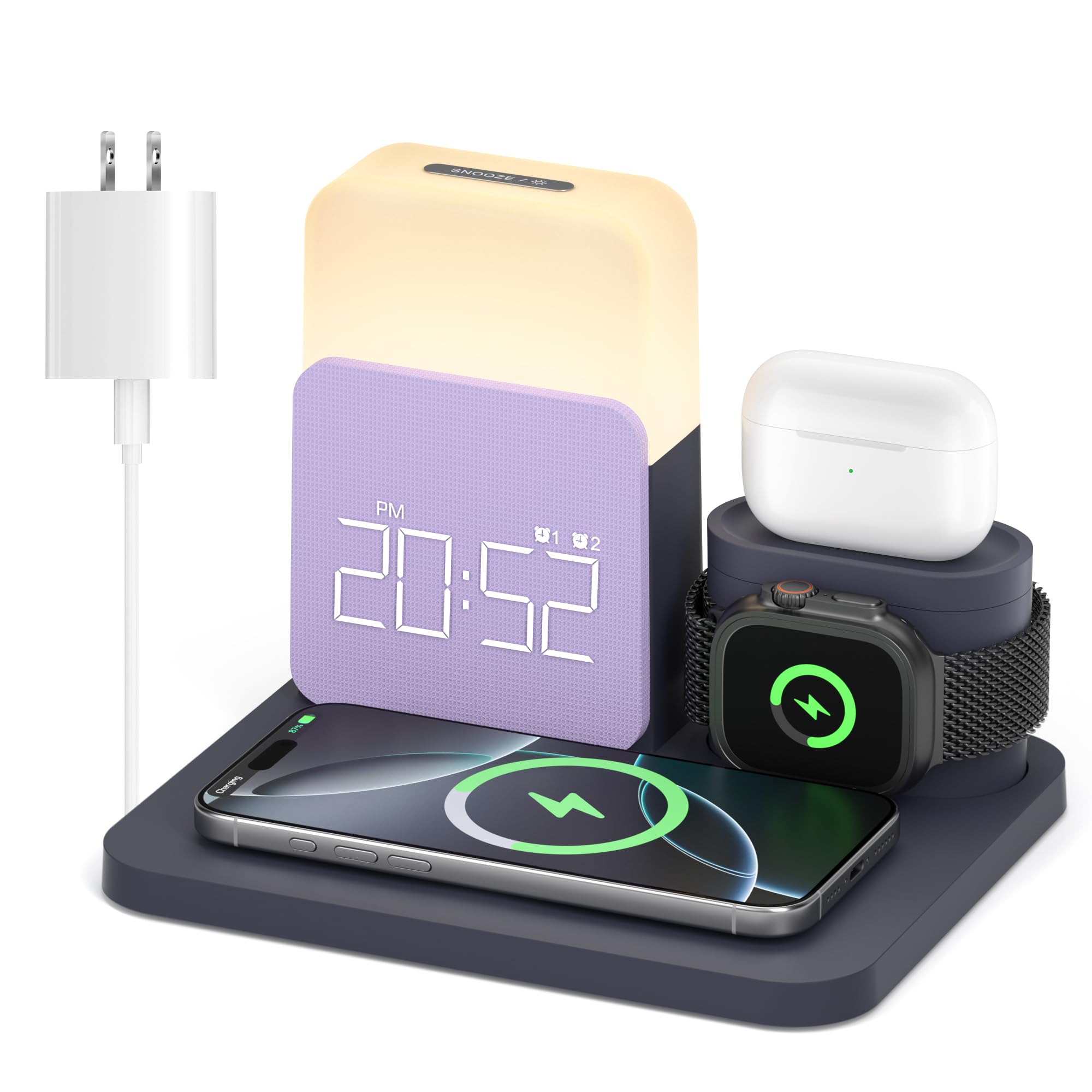 Alarm Clock Charging Station for Bedrooms, 7 in 1 Wireless Charging Station, Magnetic Charger with Night Light Bedside Clock for iPhone 17 16 15 14 13 12 Pro Max, Apple Watch, AirPods (Deep Purple)
