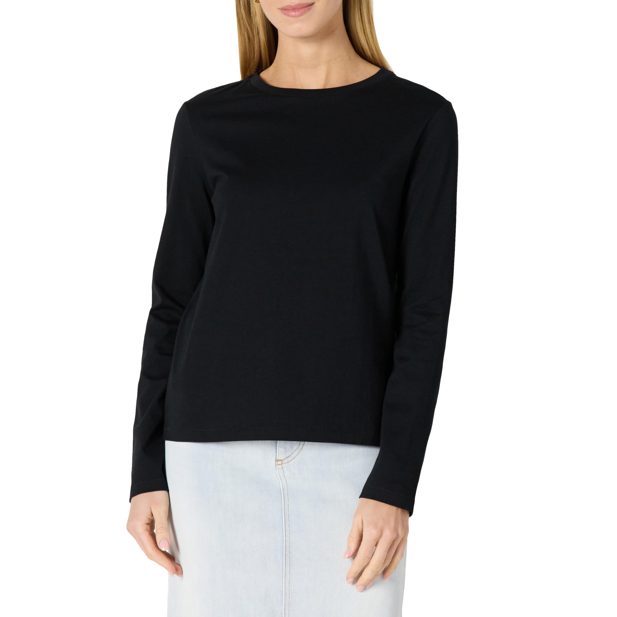 Photo 1 of Amazon Essentials Women's 100% Cotton Regular-Fit Long-Sleeve Crewneck T-Shirt, Black, Large