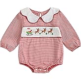 SYOKUP Newborn Baby Girls Christmas Outfit Doll Collar Smocked Santa Reindeer Embroidery Stripe Bubble Romper