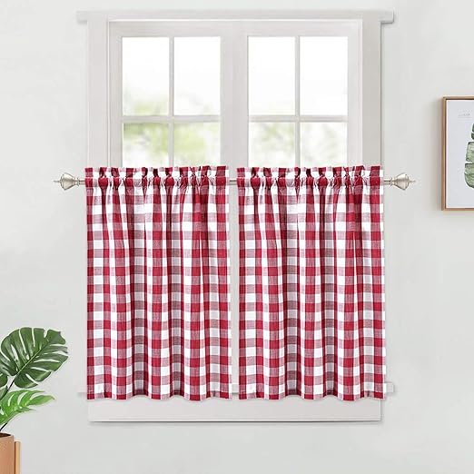 LinTimes Buffalo Check Tier Curtains, Plaid Red Gingham Rod Pocket