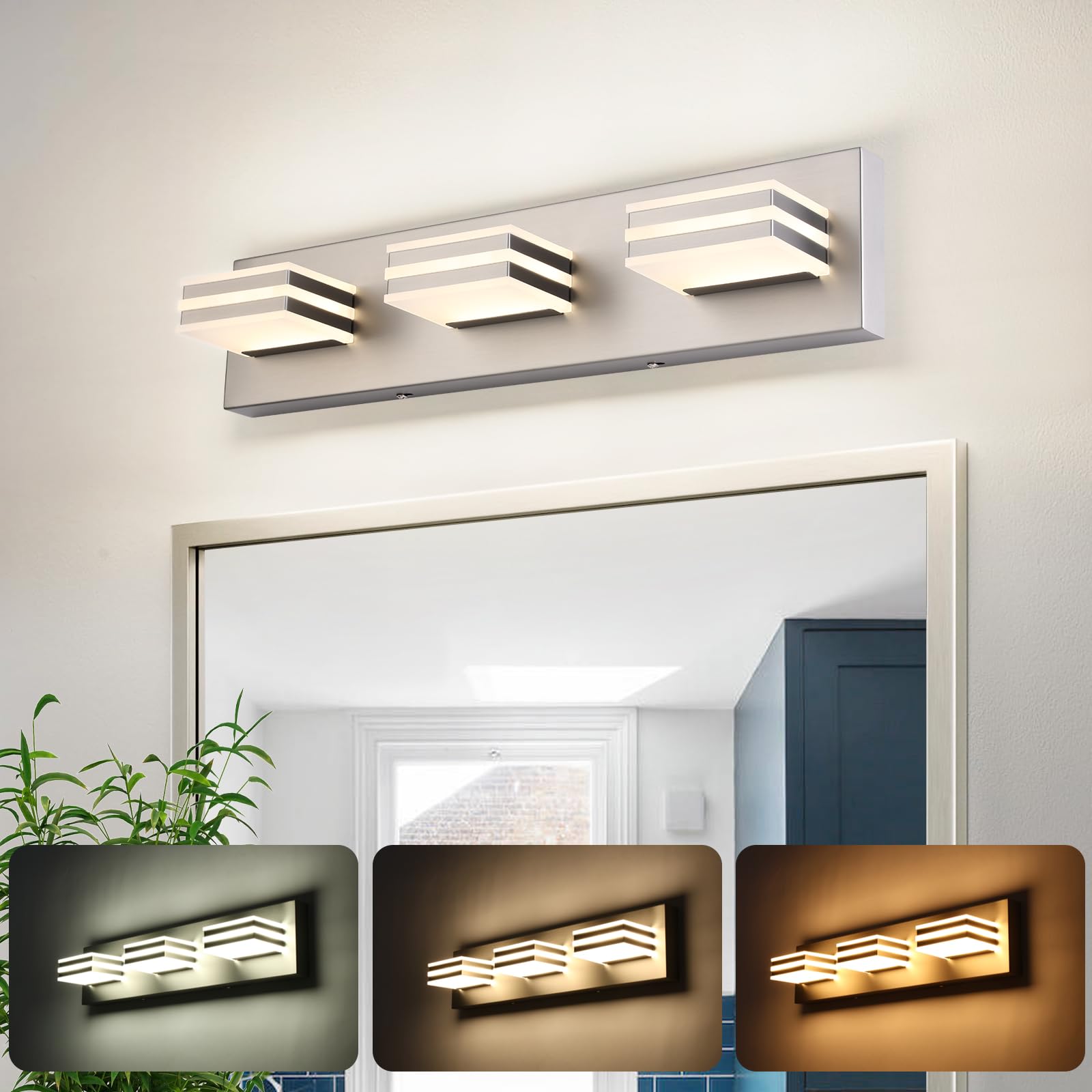 Photo 1 of yumcrelect Brushed Nickel Vanity Lights for Bathroom Light Fixtures (3-Light, 20-Inch) Adjust 3 Colors Modern Bath Lighing Fixture Over Mirror LED Vanity Lighting