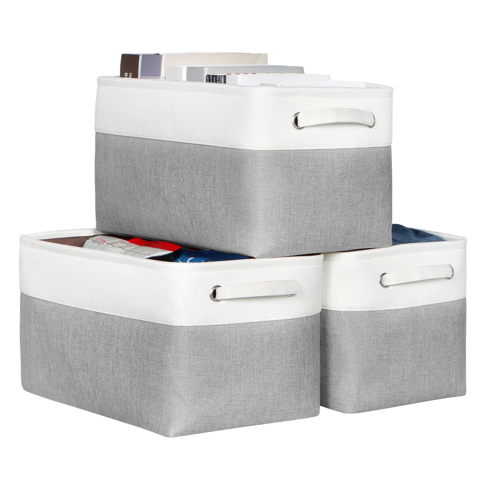 KEEGH Fabric Storage Baskets Set of 3, 15in Boxes for Shelves, Foldable With Hard Bottom, Fabric Basket With Handle for Home and Office - White/Grey