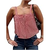 MakeMeChic Women's Plaid Gingham Bow Camisole Top Sleeveless Ruffle Smocked Going Out Crop Tops