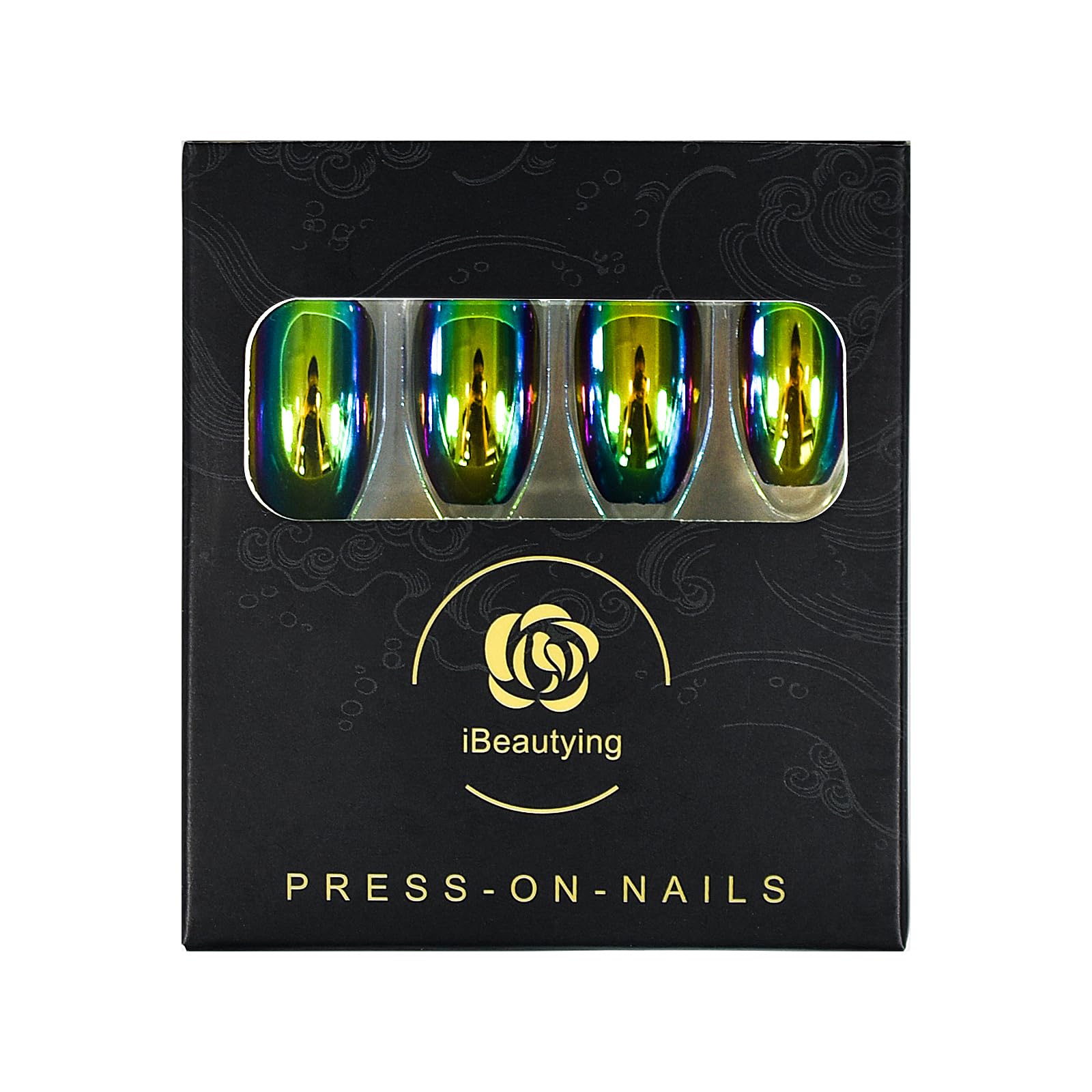 iBeautying Press on Nails - Chrome Magic Mirror Effect Green Purple Holo False Nails | Metallic Punk Medium Coffin Reusable Wear Fake Nails in 10 Sizes - 24 Nail Kit with Jelly Glue Pad - Image 3