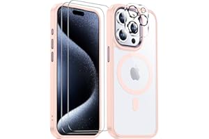 Temdan Magnetic for iPhone 15 Pro Max Case Clear, [Compatible with Magsafe][2 Pcs Glass Screen Protector+Camera Lens Protector] [Not Yellowing] Slim Shockproof for iPhone 15 ProMax Case,Pink