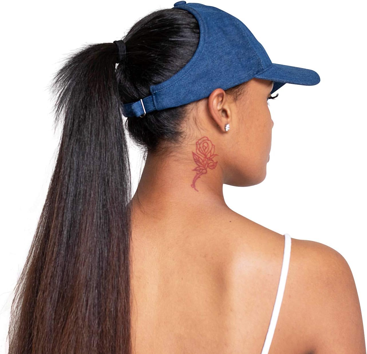 Women's Denim Ponytail Baseball Cap, Backless Cap for Straight, Curly, Natural, Gym, High Puff Hat, Messy Bun
