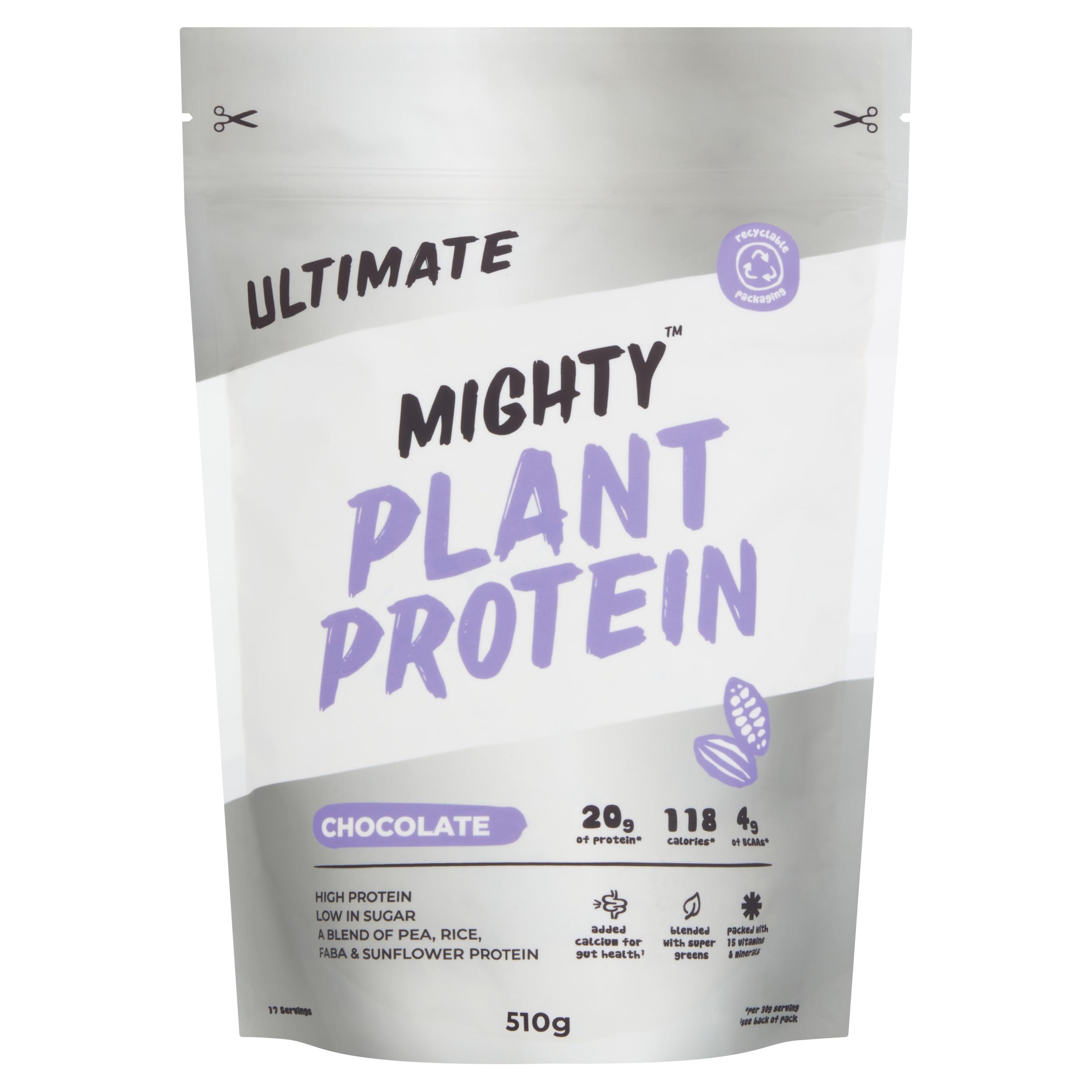 Mighty Ultimate Vegan Protein Powder, Chocolate Flavour, (17 Servings, 510g Bag Without Scoop), Plant Based, Dairy Free Protein Shakes, Added Vitamins, Minerals